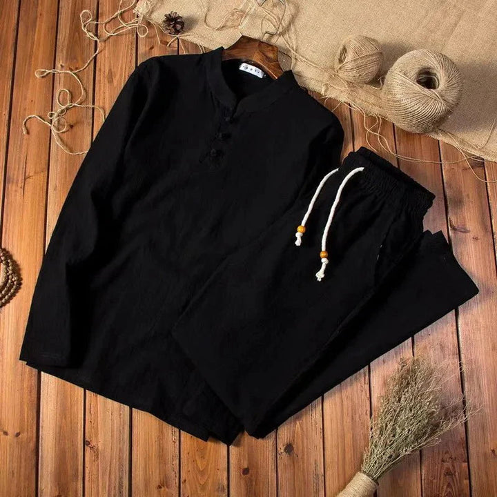 Black men's casual linen blend long sleeve outfit set with matching pants