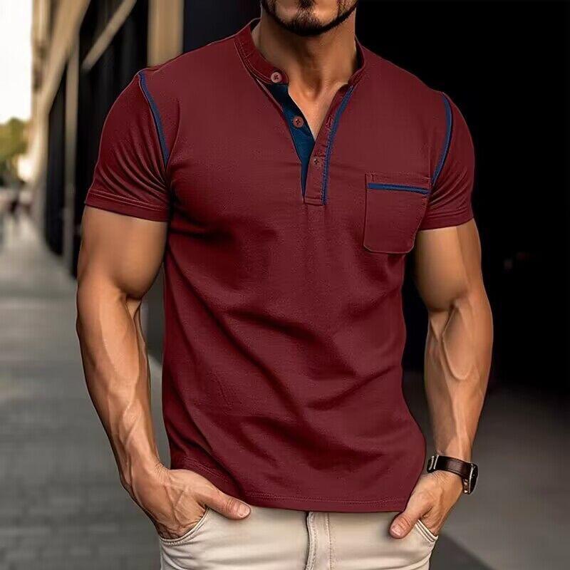 Men's burgundy casual Henley shirt with chest pocket, short sleeves, and blue trim