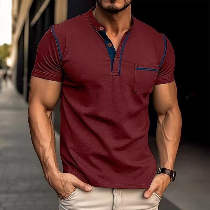 Men's burgundy casual Henley shirt with chest pocket, short sleeves, and blue trim