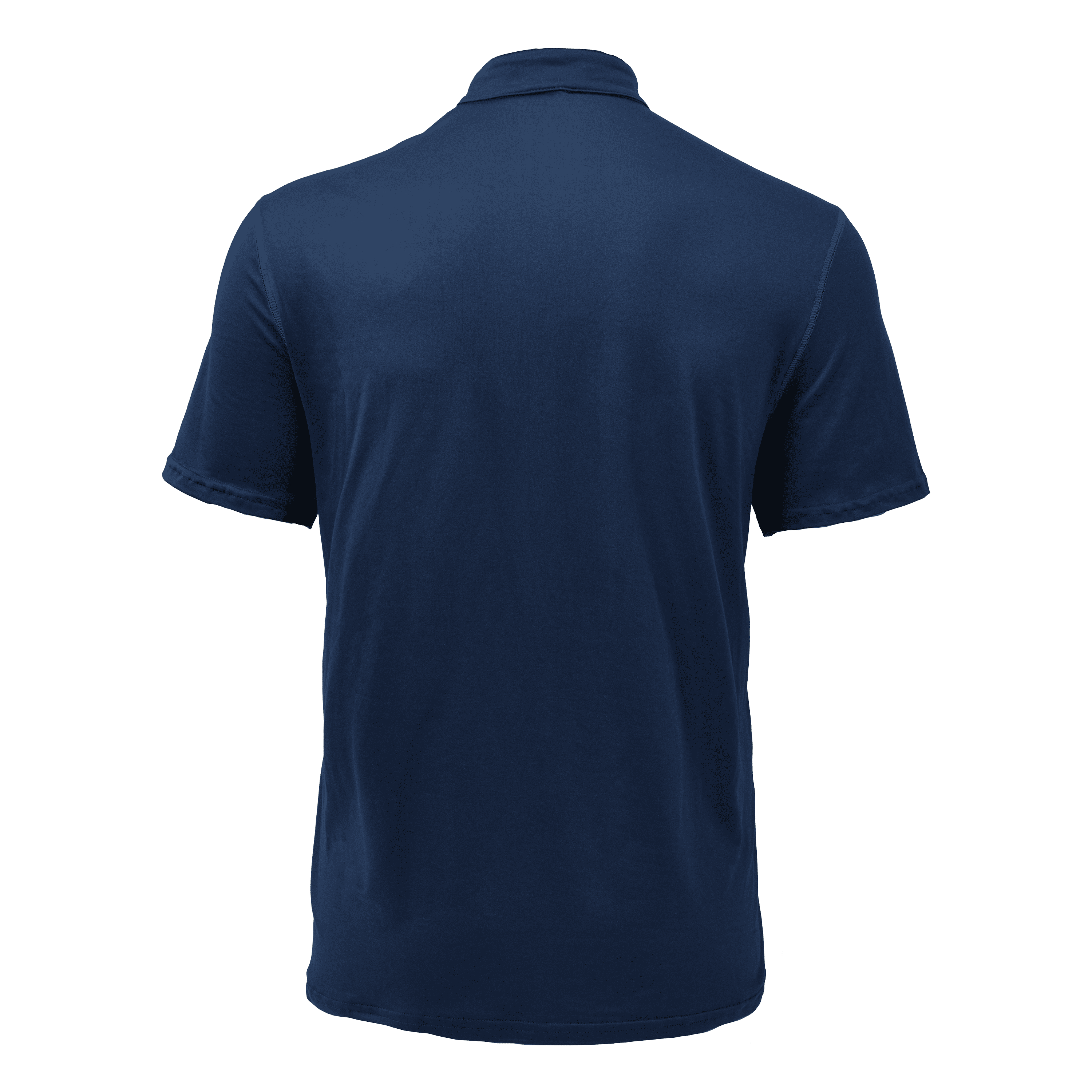 Back view of navy men's casual Henley shirt with short sleeves and straight hem