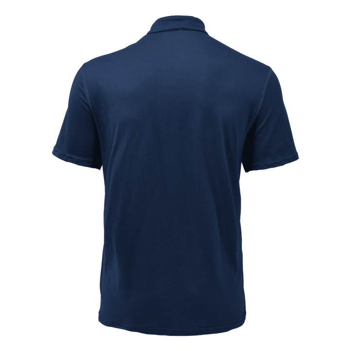 Back view of navy men's casual Henley shirt with short sleeves and straight hem
