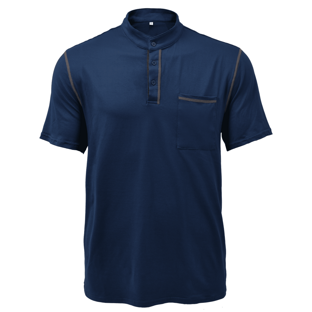 Front view of navy men's casual Henley shirt with pocket, short sleeves, and button placket