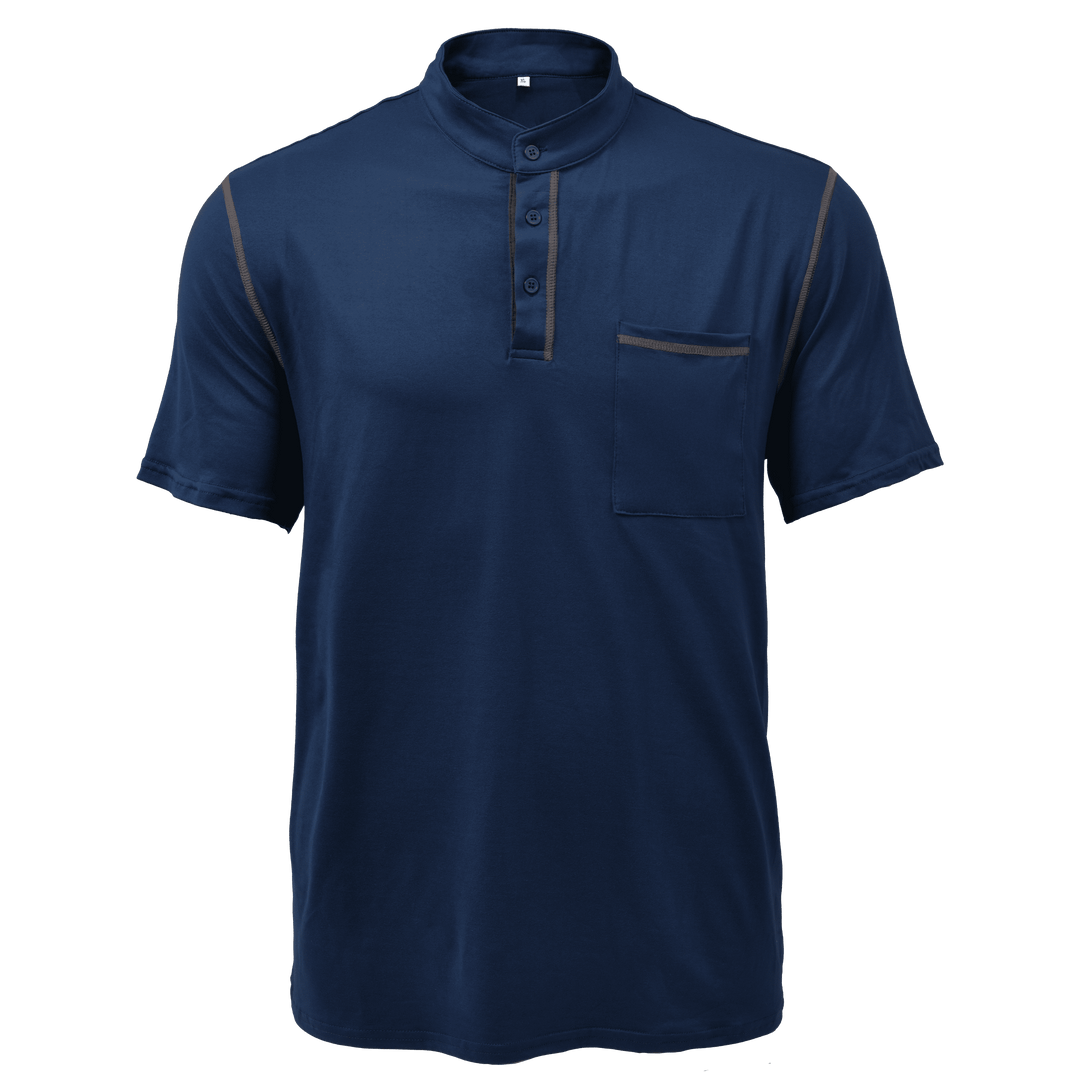 Front view of navy men's casual Henley shirt with pocket, short sleeves, and button placket