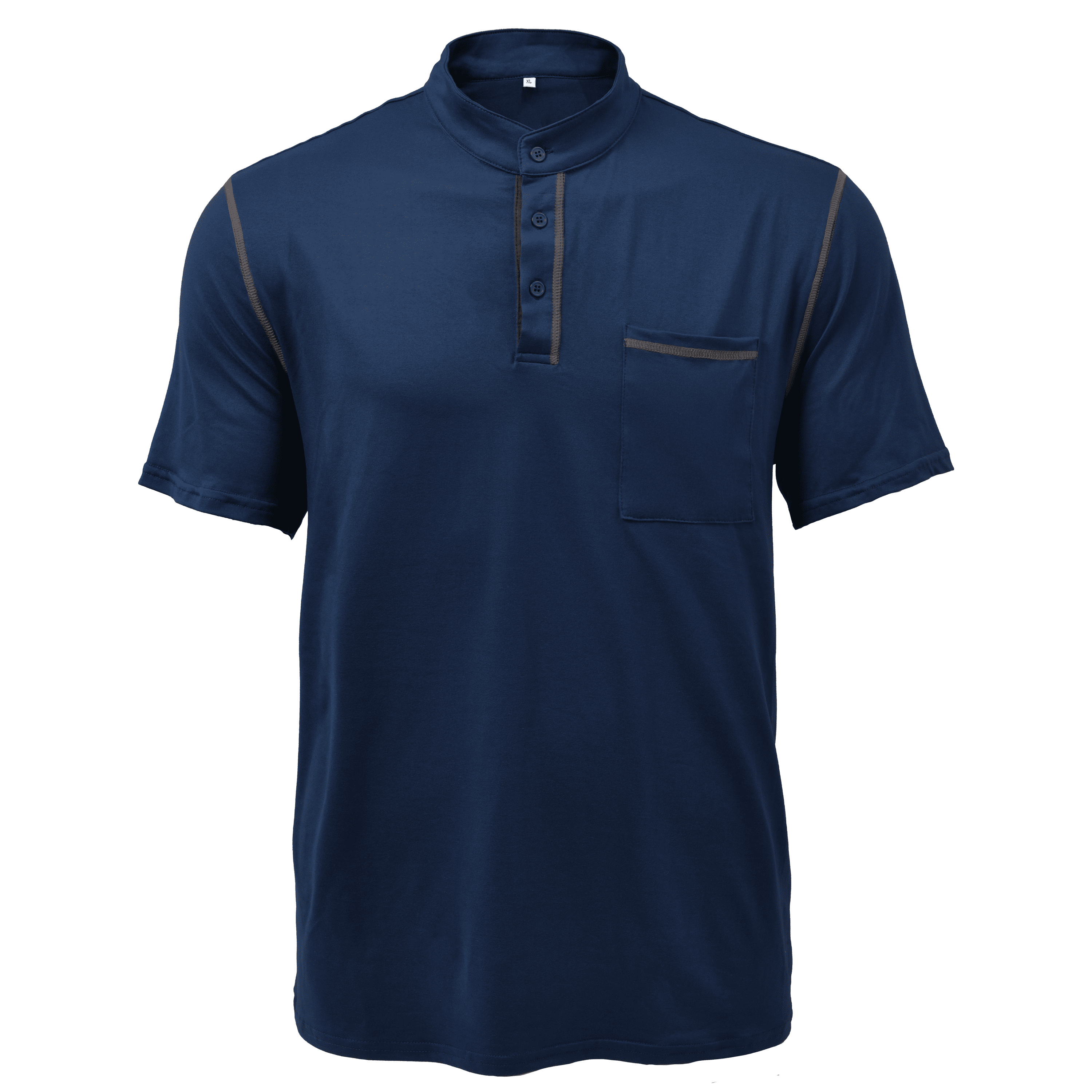 Front view of navy men's casual Henley shirt with pocket, short sleeves, and button placket
