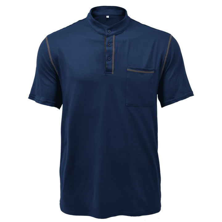Front view of navy men's casual Henley shirt with pocket, short sleeves, and button placket