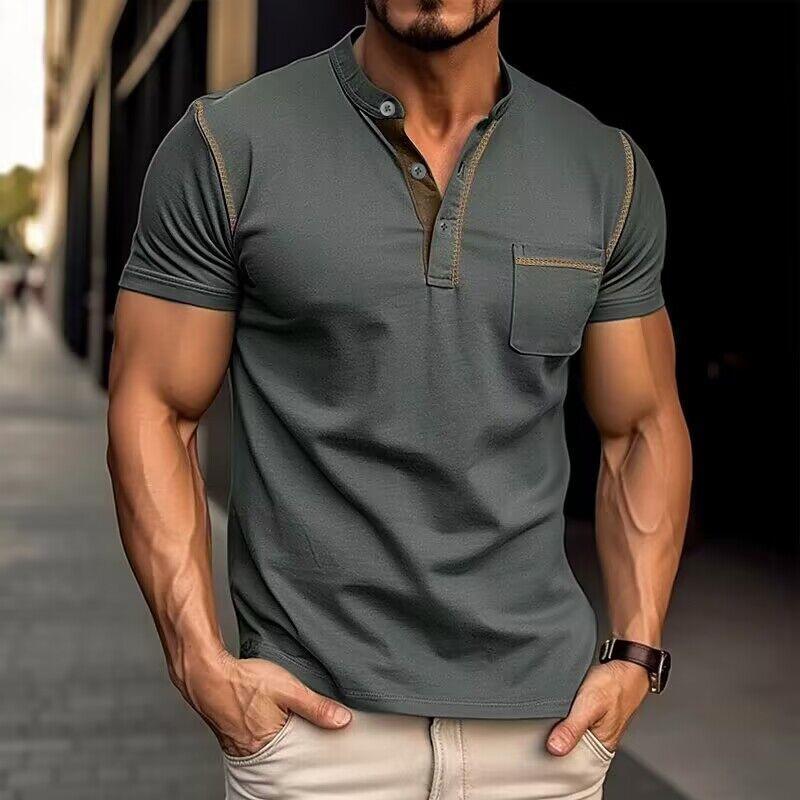 Men's gray casual Henley shirt with chest pocket, short sleeves, and contrast stitching