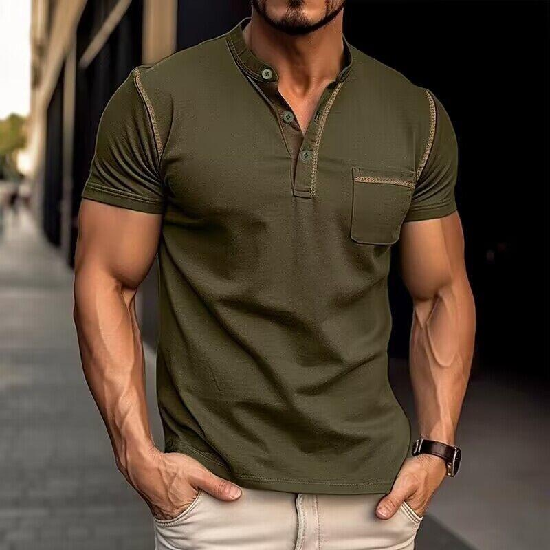 Men's olive green Henley shirt with chest pocket, short sleeves, and contrast stitching