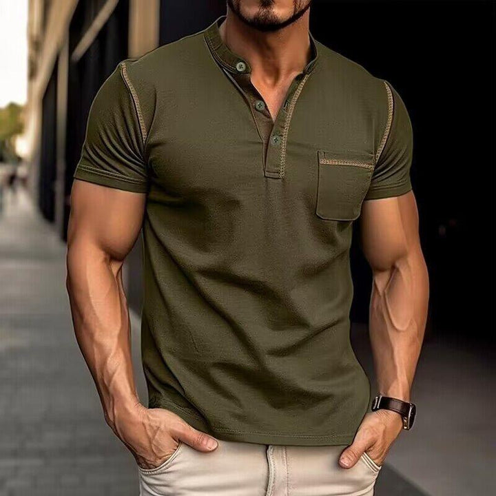 Men's olive green Henley shirt with chest pocket, short sleeves, and contrast stitching