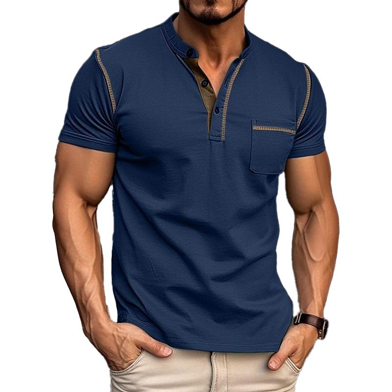 Navy men's casual Henley shirt with chest pocket, short sleeves, and contrast stitching