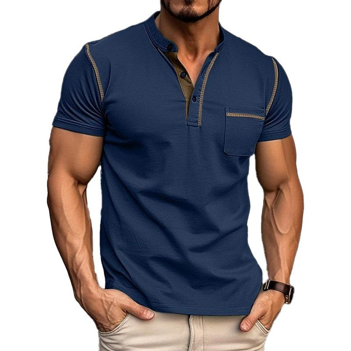 Navy men's casual Henley shirt with chest pocket, short sleeves, and contrast stitching