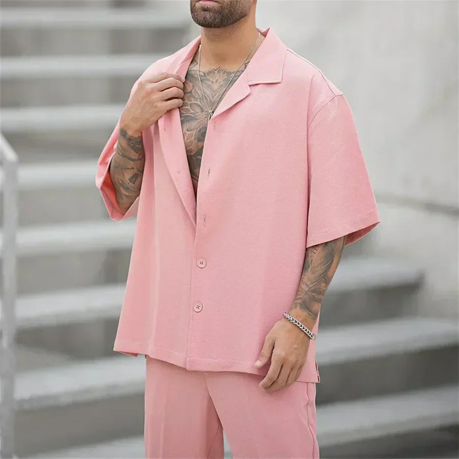Pink casual shirt and pants set for men, open collar short sleeve top with straight leg pants