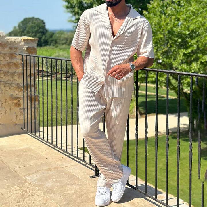Beige pleated camp collar two piece set with short sleeve shirt and loose pants