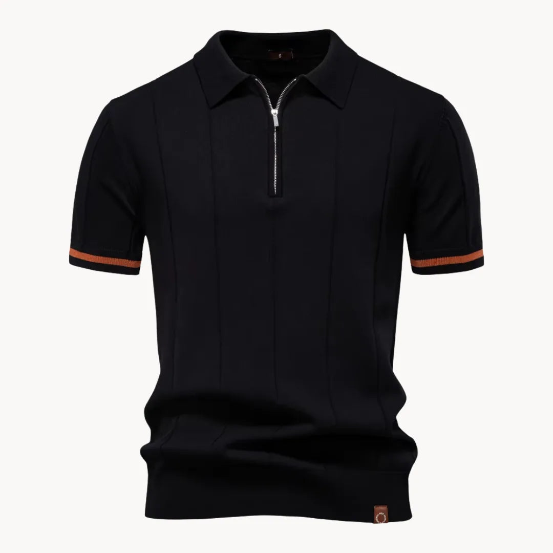 Black short sleeve knit polo shirt with zip placket and orange striped sleeve cuffs