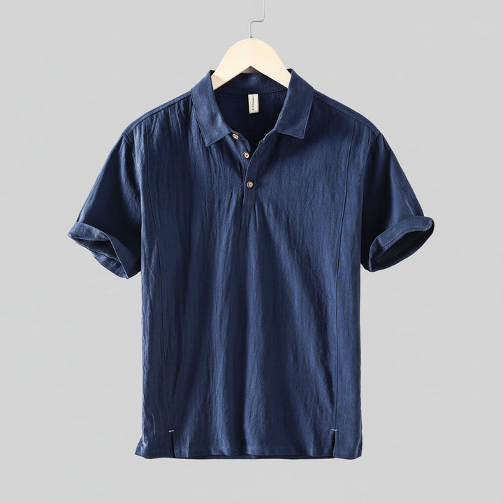 Navy blue men's casual short sleeve linen shirt with relaxed fit and button front