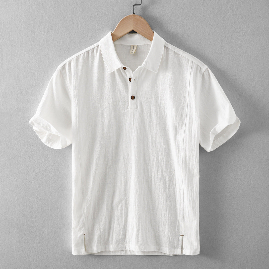 White men's casual short sleeve linen shirt with polo collar and short sleeves