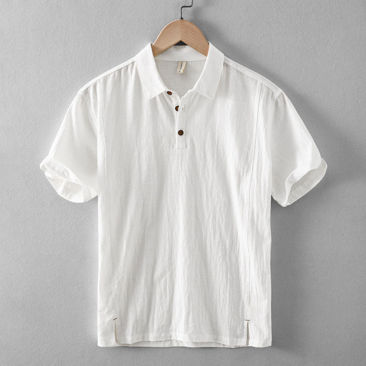 White men's casual short sleeve linen shirt with polo collar and short sleeves