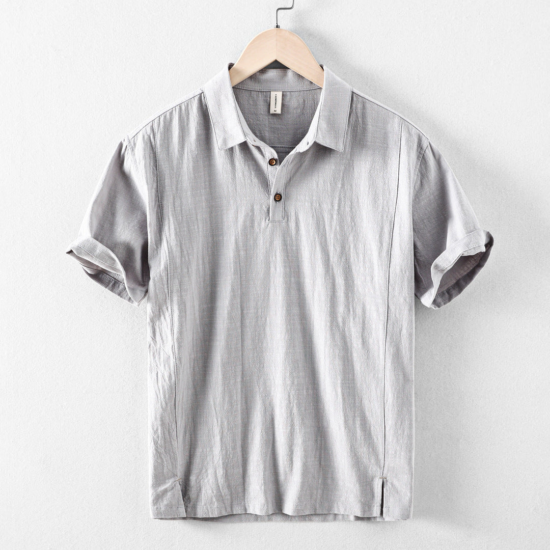 Light gray men's casual short sleeve linen shirt with polo collar and button placket