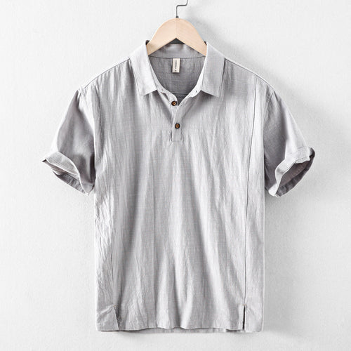 Light gray men's casual short sleeve linen shirt with polo collar and button placket