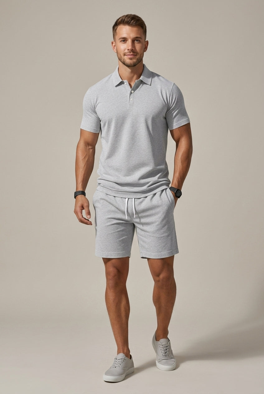 Light gray short sleeve polo shirt and matching shorts set with drawstring waist, casual men's t shirt style