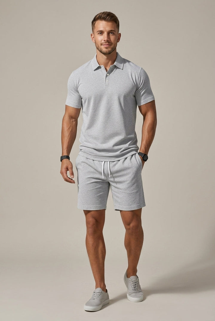 Light gray short sleeve polo shirt and matching shorts set with drawstring waist, casual men's t shirt style