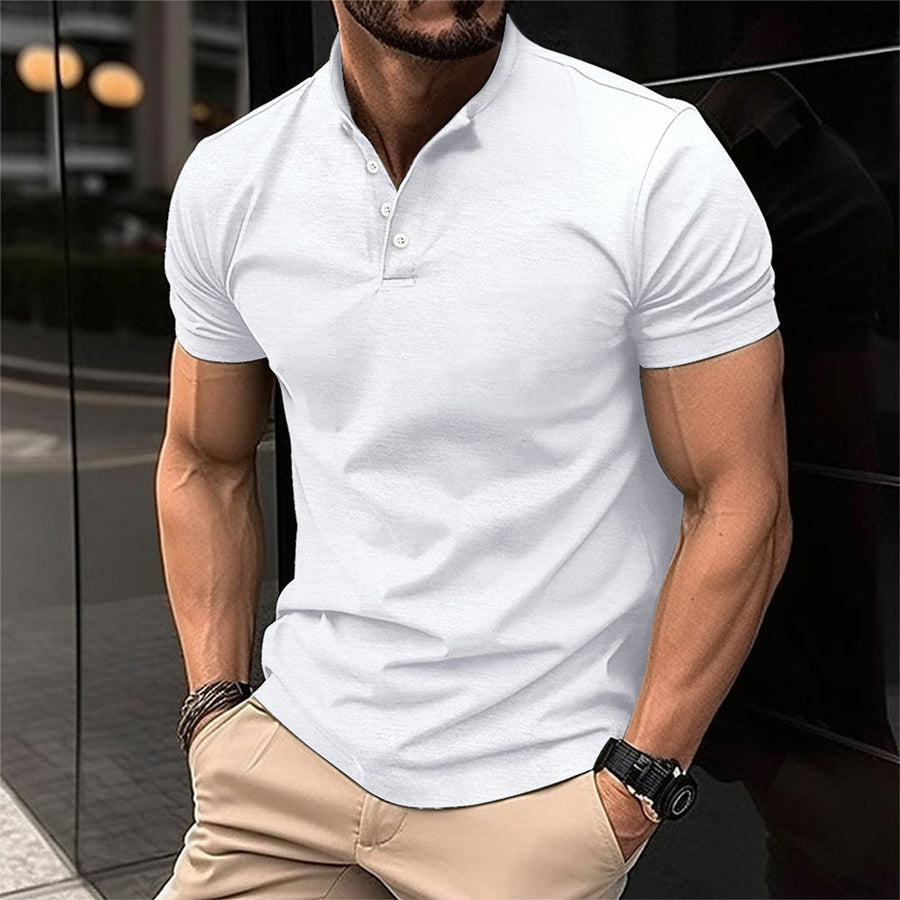 White stand collar short sleeve polo shirt with button placket and fitted casual style