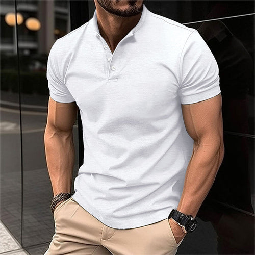 White stand collar short sleeve polo shirt with button placket and fitted casual style