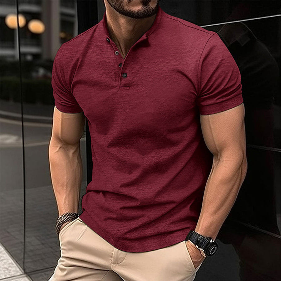Burgundy stand collar polo shirt for men with short sleeves and textured casual fabric
