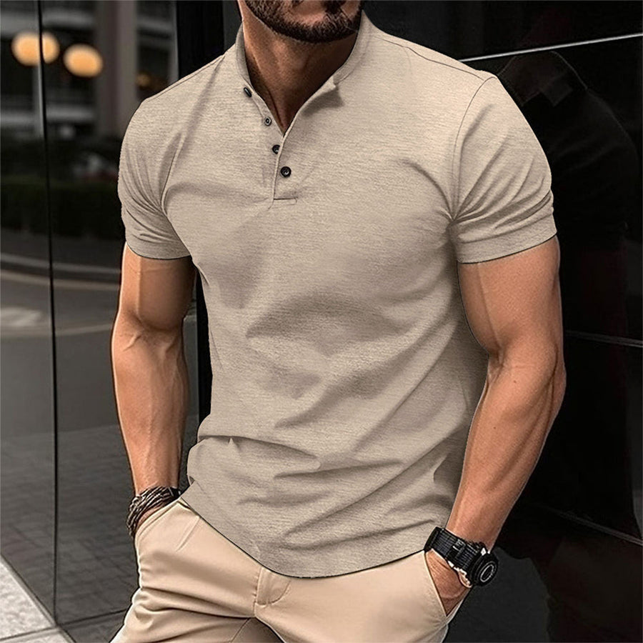 Beige stand collar short sleeve polo shirt with three-button front and relaxed casual look