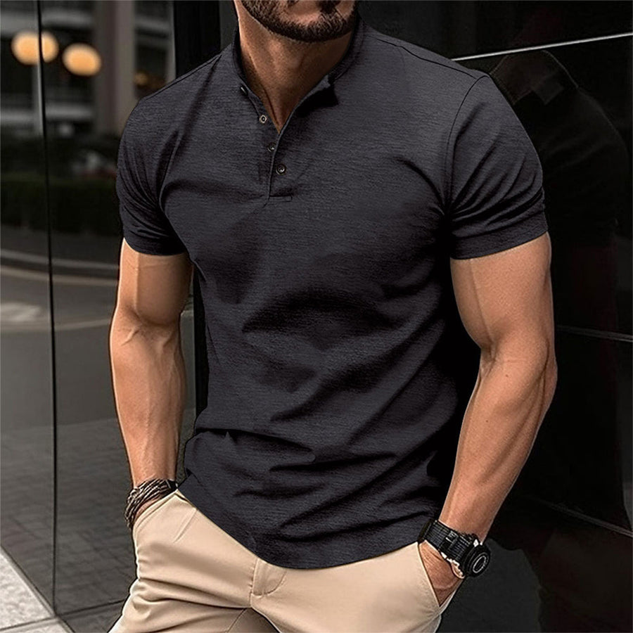 Black stand collar short sleeve polo shirt with button placket and modern fit
