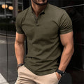 Olive green stand collar short sleeve polo shirt with three-button placket and fit