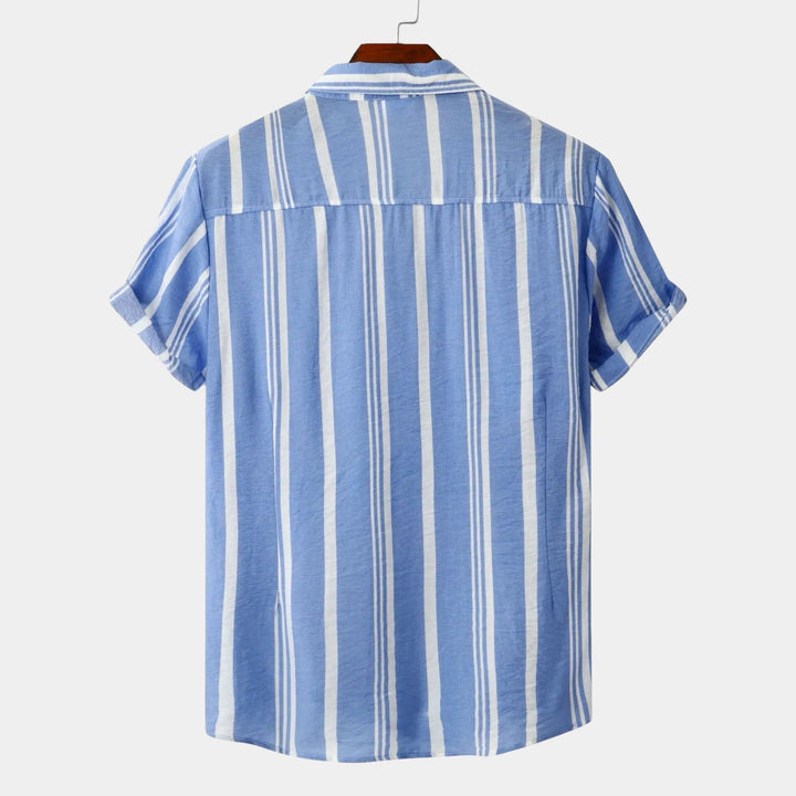 Back view of light blue casual shirt with white vertical stripes and short sleeves