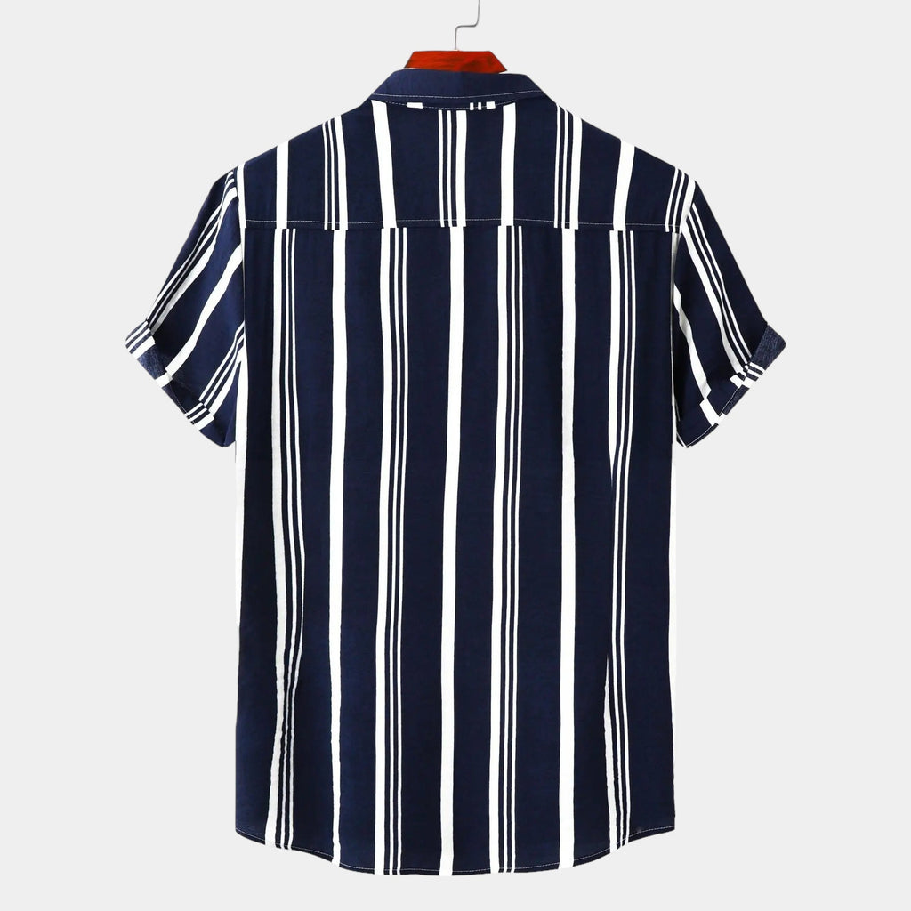 Back view of navy casual shirt with white vertical stripes and short rolled sleeves