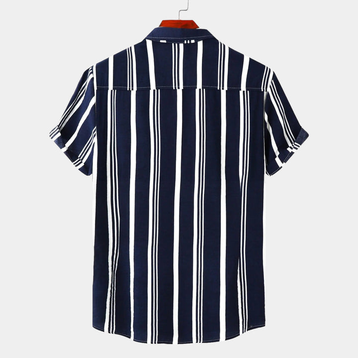 Back view of navy casual shirt with white vertical stripes and short rolled sleeves