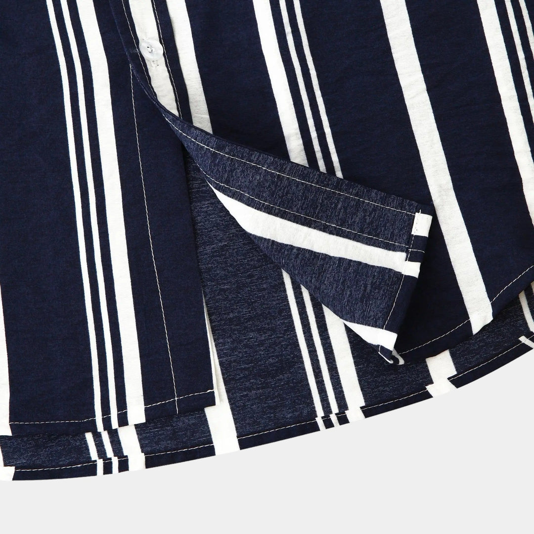 Close-up of navy striped button up shirt showing collar, placket, and short sleeve cuff