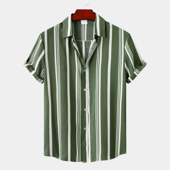 Olive green striped short sleeve button up shirt with vertical white lines, front view