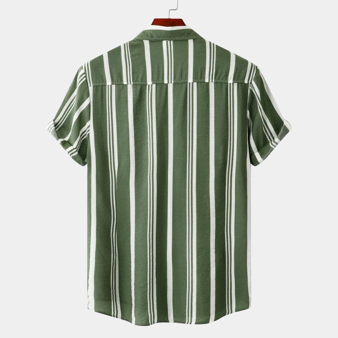 Back view of olive green casual shirt with white vertical stripes and short sleeves