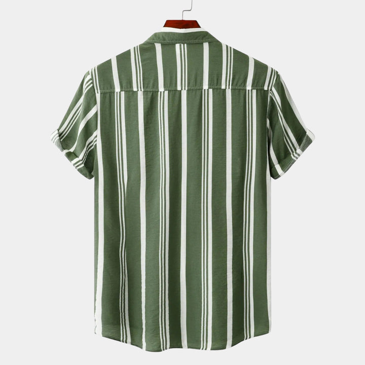 Back view of olive green casual shirt with white vertical stripes and short sleeves