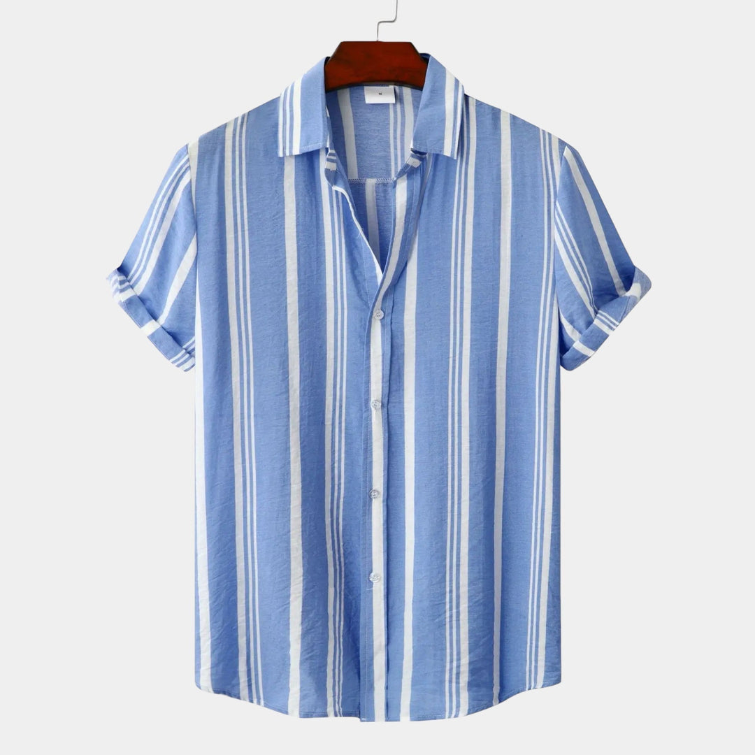 Light blue striped short sleeve button up shirt with vertical white lines, front view