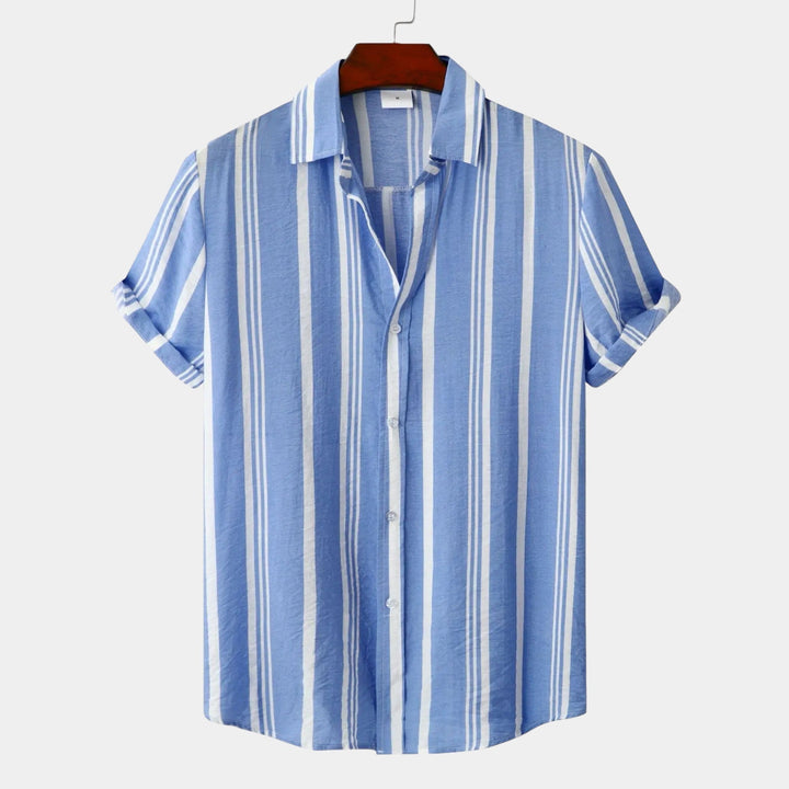 Light blue striped short sleeve button up shirt with vertical white lines, front view