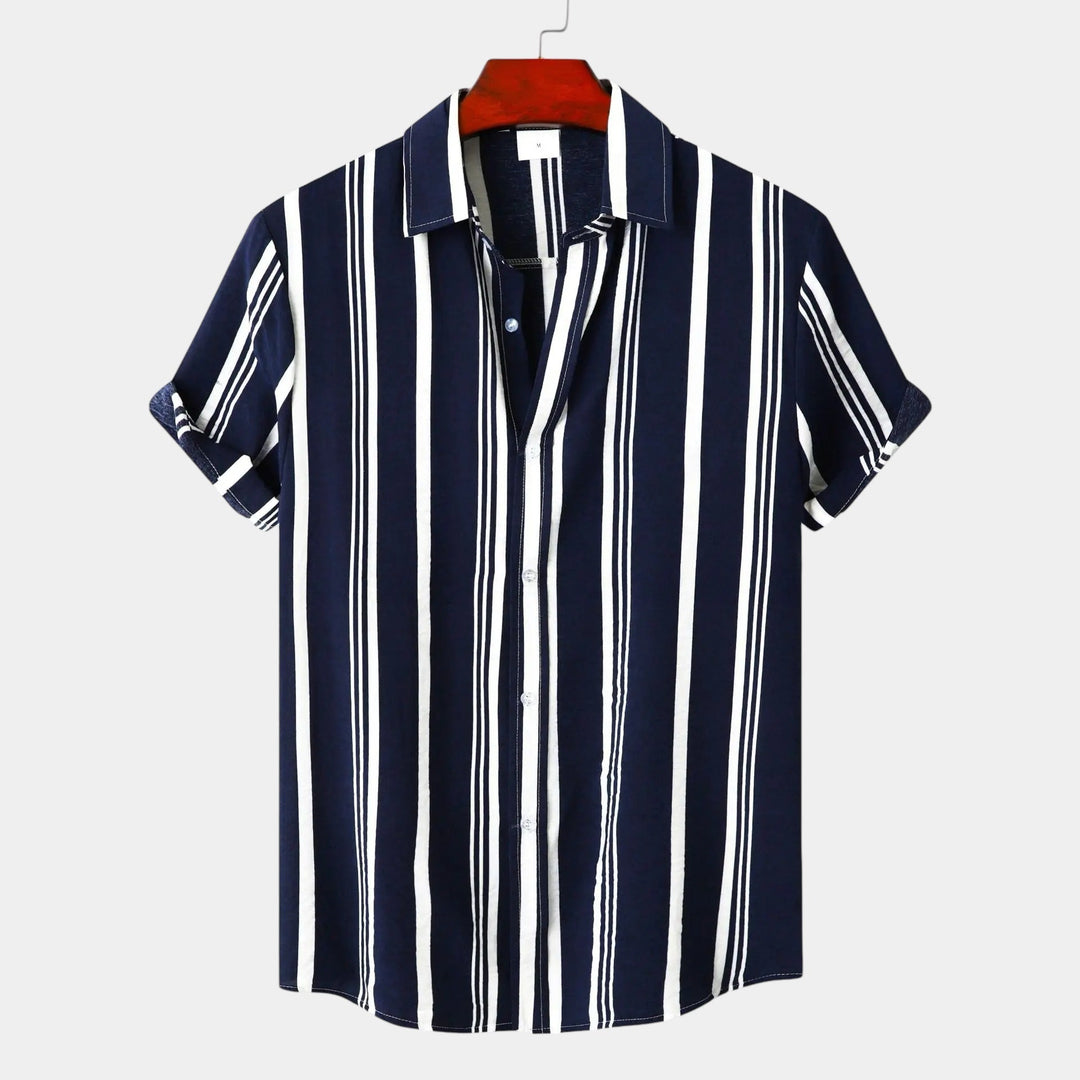 Navy striped short sleeve button up shirt with vertical white lines, front view