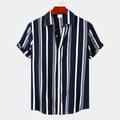 Navy striped short sleeve button up shirt with vertical white lines, front view