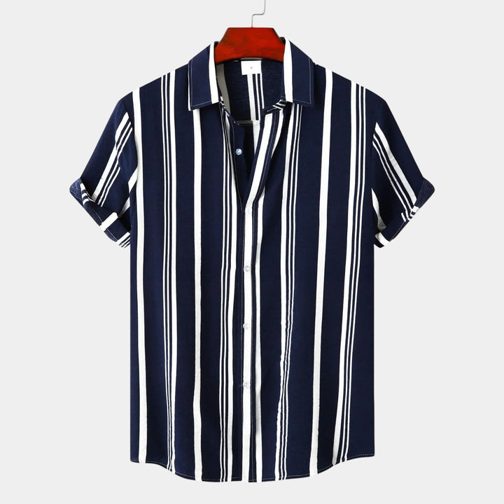 Navy striped short sleeve button up shirt with vertical white lines, front view