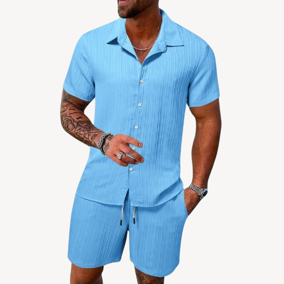 Light blue men's casual summer shirt shorts set with short sleeve shirt and matching shorts