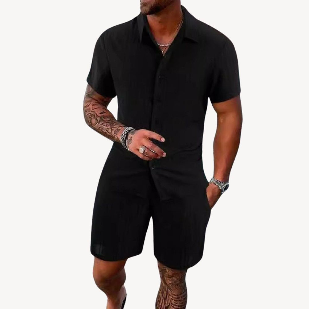 Black men's casual summer shirt shorts set with short sleeve button-up top and matching shorts