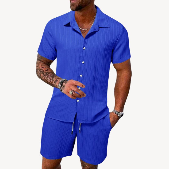 Royal blue men's casual summer shirt shorts set with textured button-up shirt and shorts