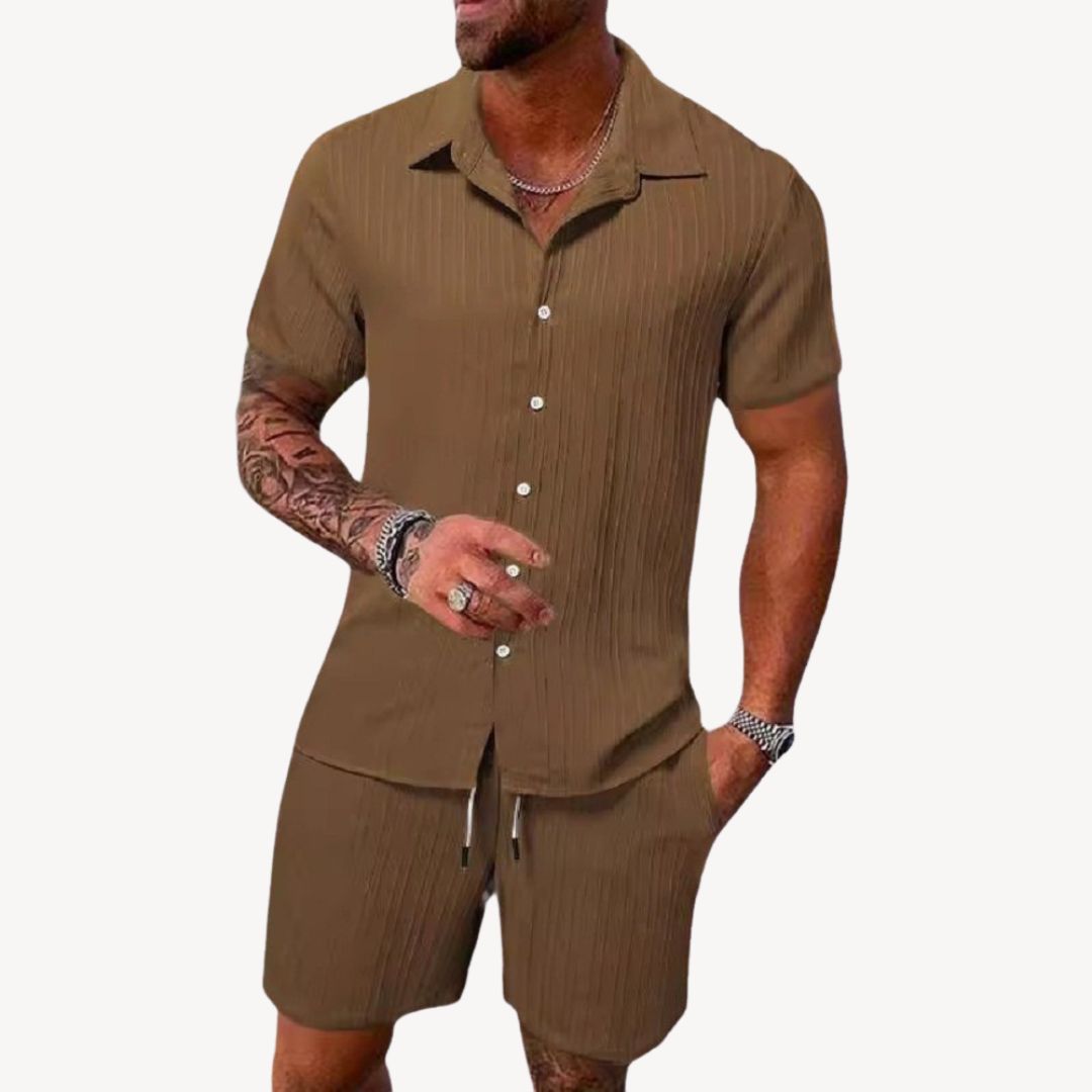Brown men's casual summer shirt shorts set with short sleeve shirt and relaxed fit shorts