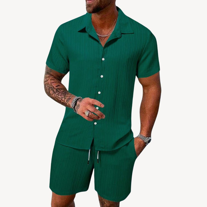 Green men's casual summer shirt shorts set with collared shirt and matching drawstring shorts