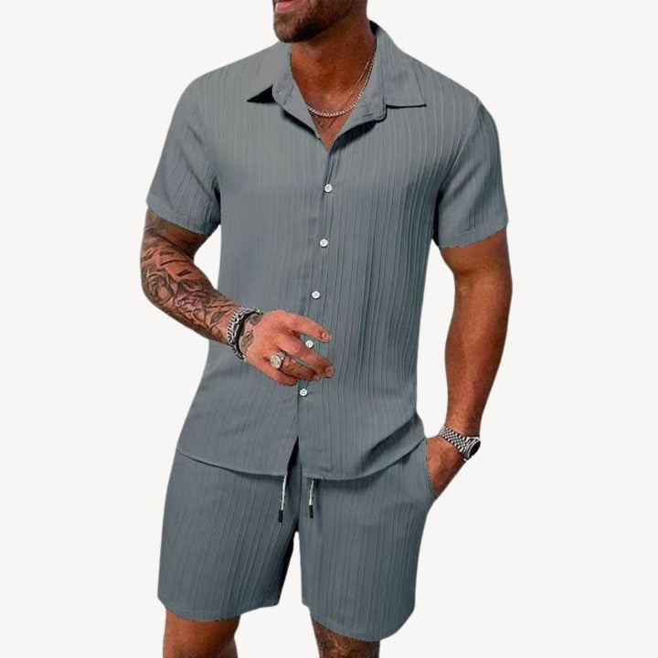 Gray men's casual summer shirt shorts set with button-up shirt and coordinating shorts