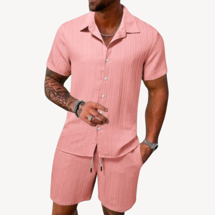 Pink men's casual summer shirt shorts set with short sleeve shirt and matching summer shorts