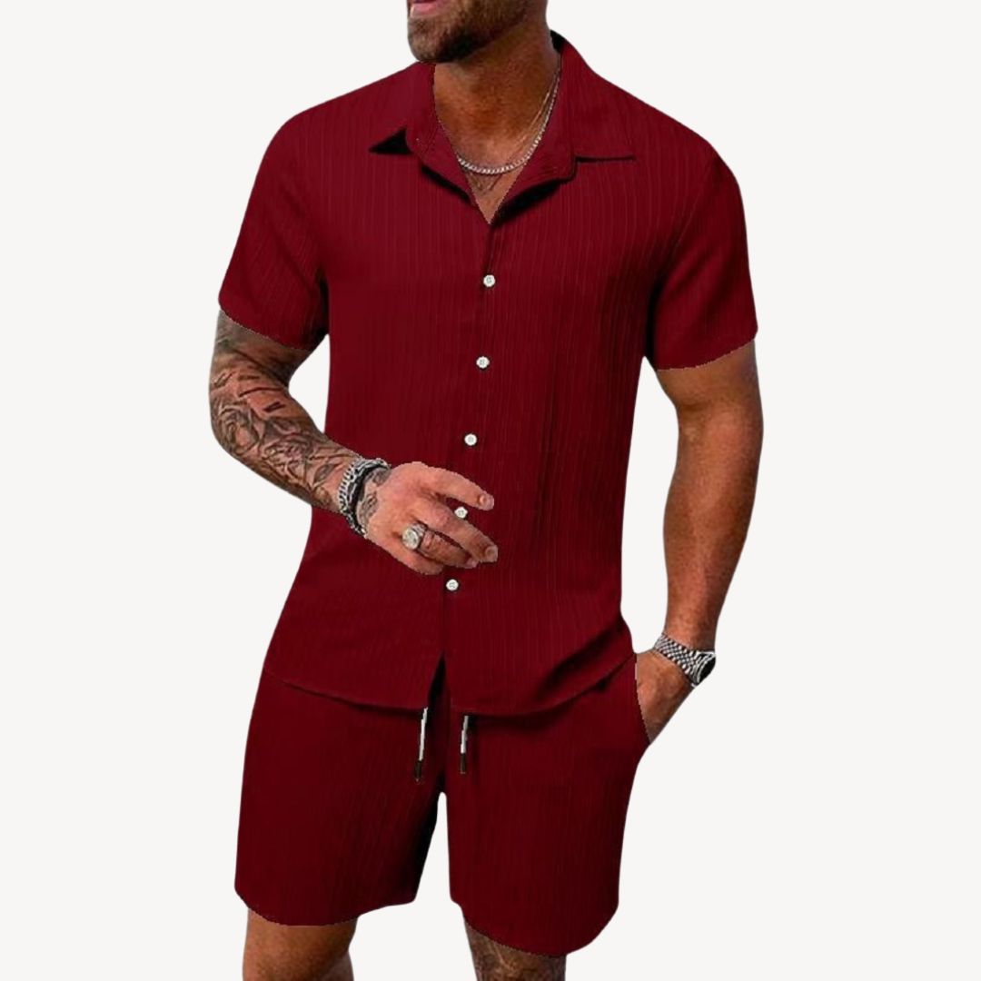 Dark red men's casual summer shirt shorts set with collared button-up shirt and shorts